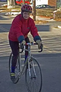 Harriet Fell rides her aluminum bicycle, 2005