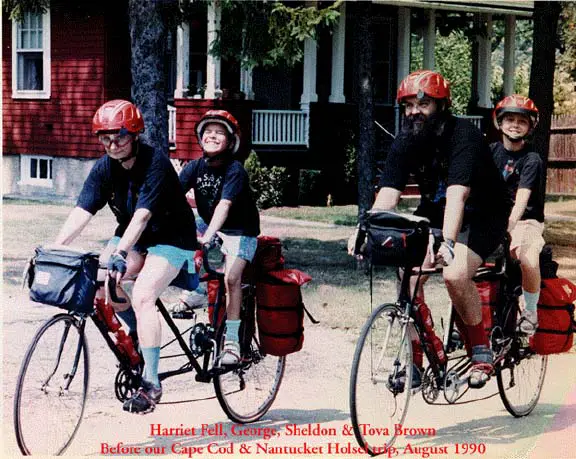Sheldon Brown and family on home-built tandems