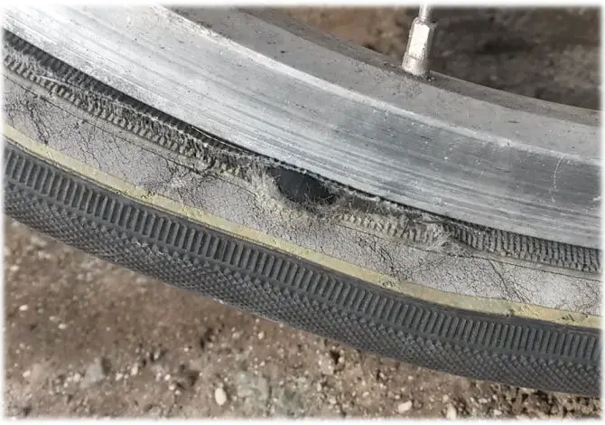 Damaged tire, inner tubre about to pop